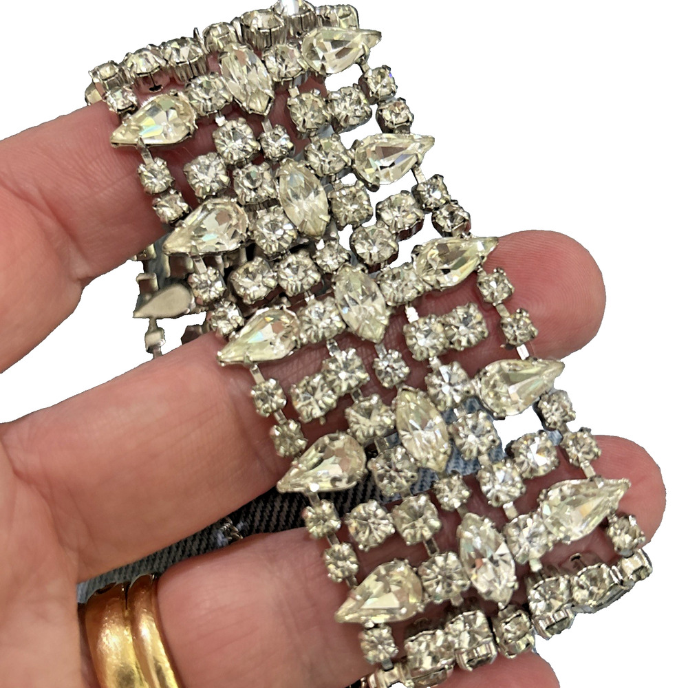 Vintage Art Deco Style Rhinestone Embedded Bracelet Thick Silver Panel Cuff